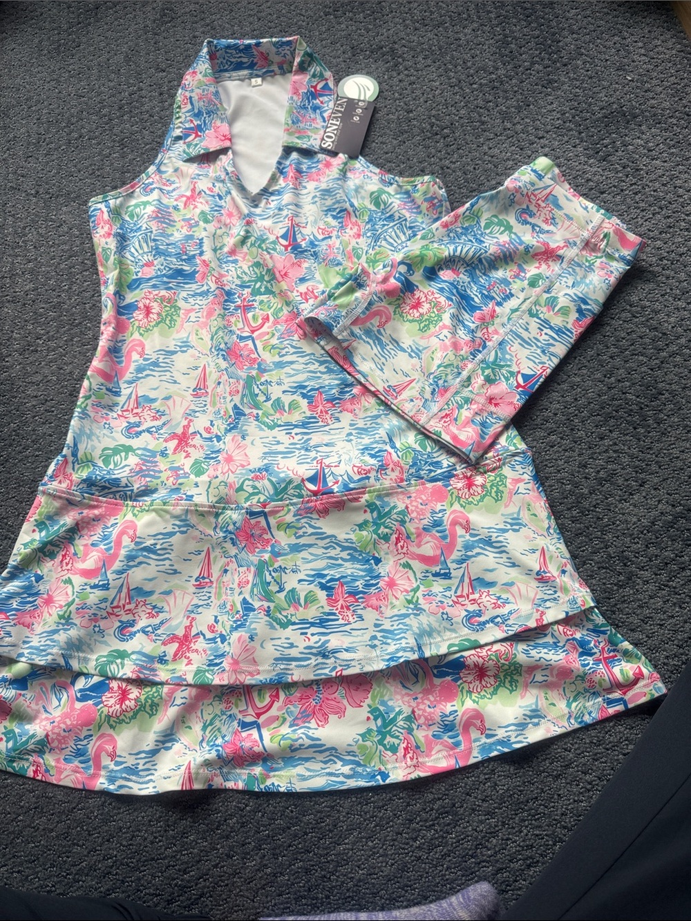 Tropical Print Sleeveless Mini Dress with Pink & Blue Accents